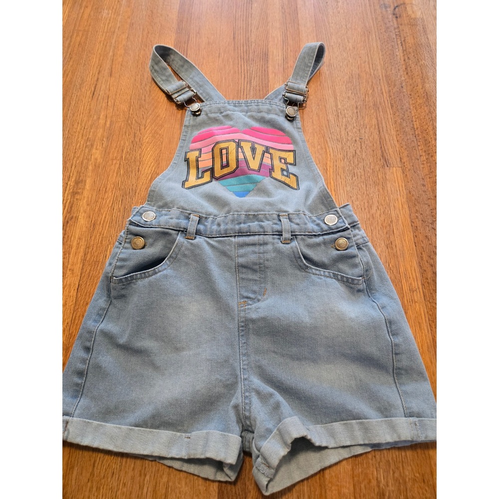 Chillipop Girls 10/12 Blue Denim LOVE Adjustable Strap Shortall Overalls‎ Shorts